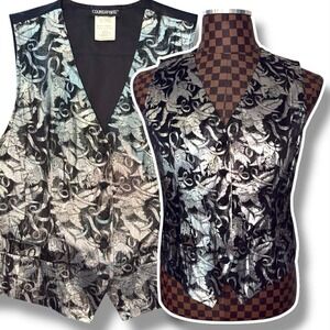 Vtg 90s Metallic Cherubs Vest Womens Size Medium Silver Black Whimsigoth Retro